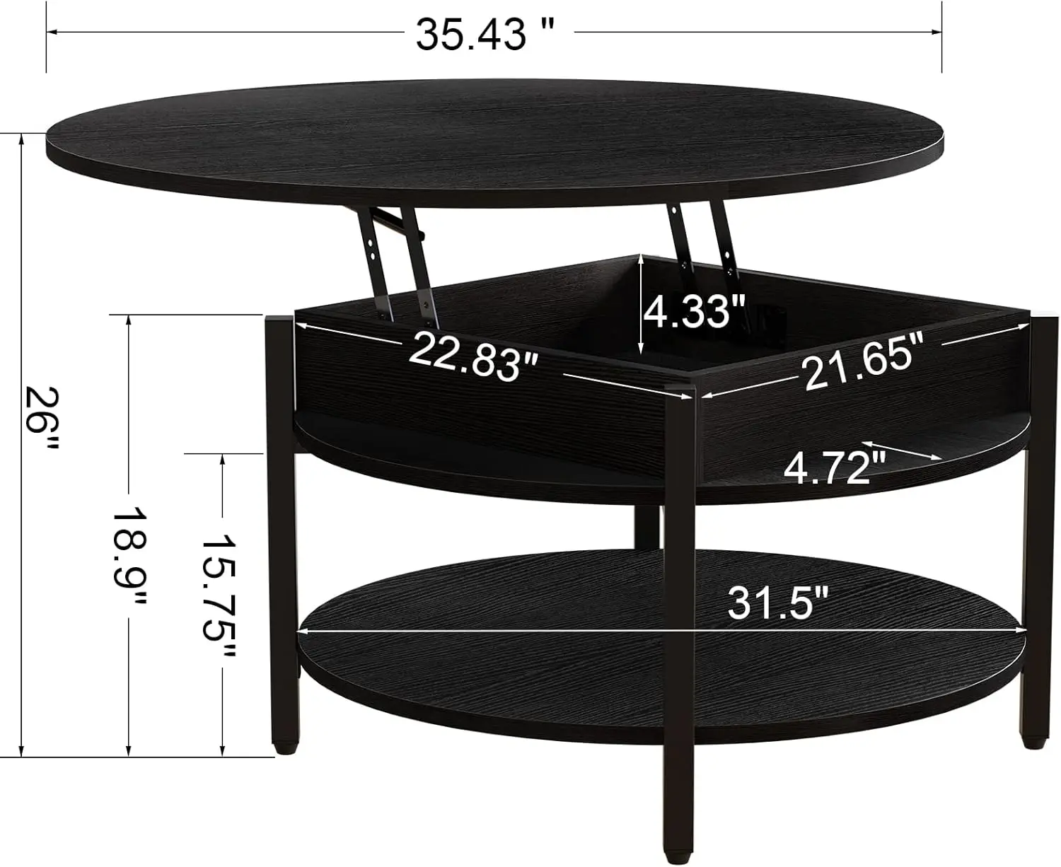 Okrągły podnoszony stolik kawowy do salonu, okrągły stolik kawowy 35,43 cala ze schowkiem i ukrytą przegrodą, czarny