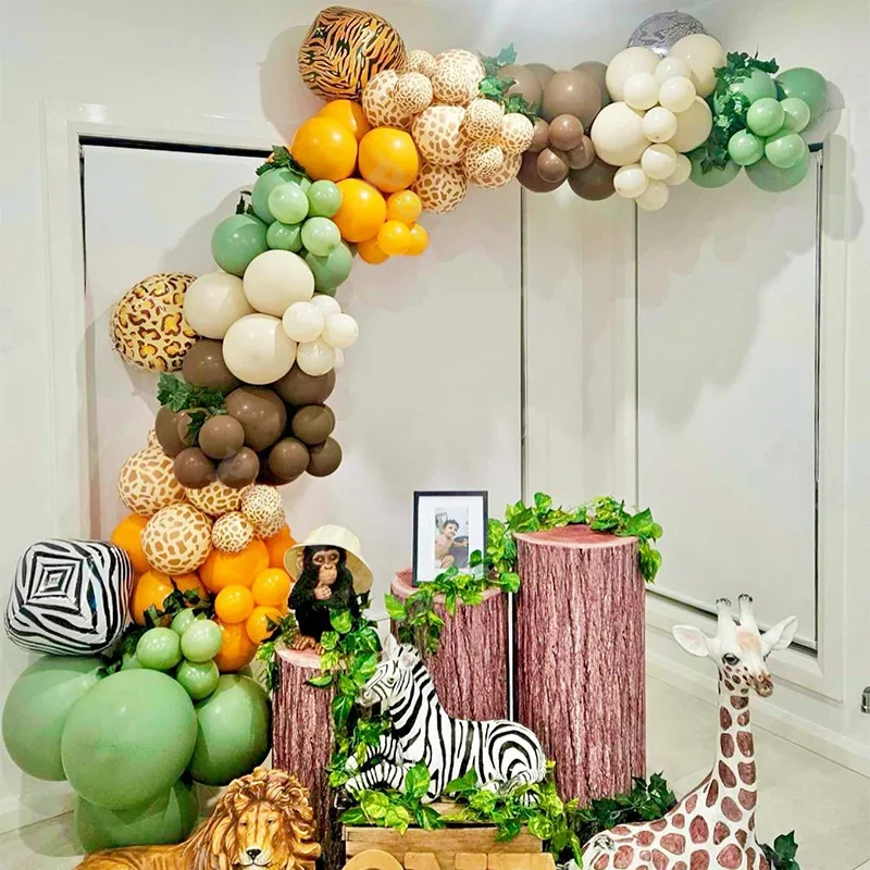 116 adet orman hayvan temalı parti malzemeleri sarı tozlu yeşil karamel ve çeşitli hayvan çizgili lateks balon kemer takım