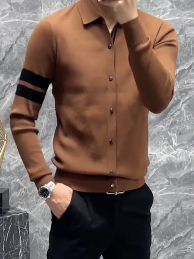 

Модная вязаная рубашка для мужчин, осенняя новинка, повседневная, с отложным воротником, универсальная, элегантная, с длинным рукавом