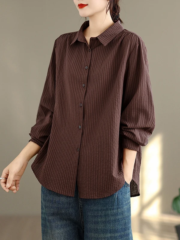 خريف 2025 قطن طويل Sve للنساء irt عتيق طبقة قاعدة مخططة بأزرار وياقة غير متماثلة مقاس كبير