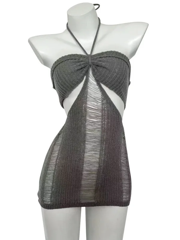 أزياء الصيف الغريبة الملابس النسائية نمط التعادل مثير شنقا رابطة عنق الجوف خارج شرابة التخسيس فستان أنيق مثير 6LCP