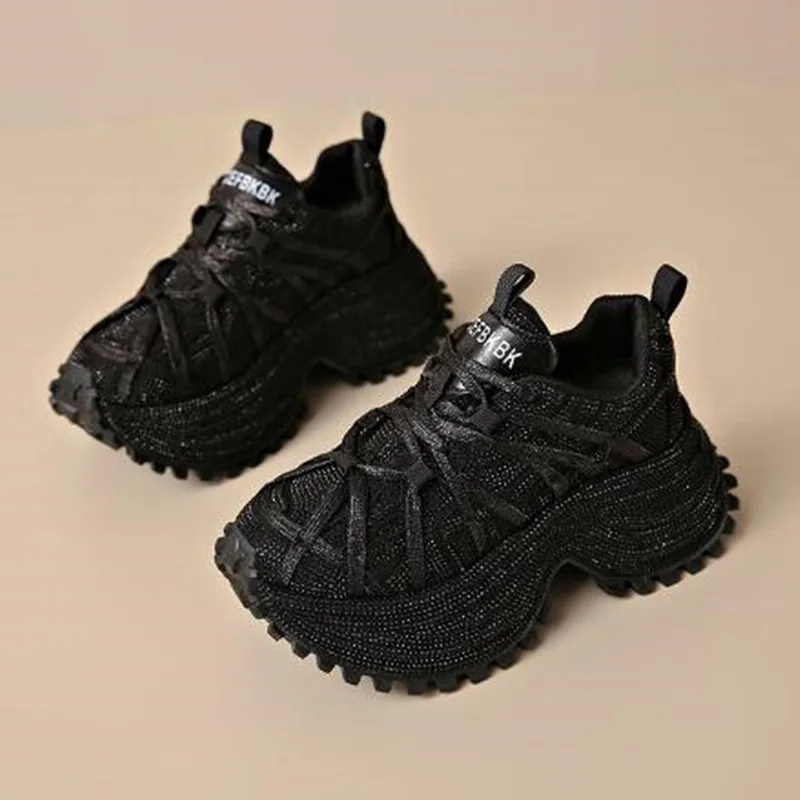 

2026 Women's Sparkly Rhinestone Chunky Platform Sneakers Red Thick Sole Lace-Up Casual Dad Shoes for Daily Street Outdoor Wear