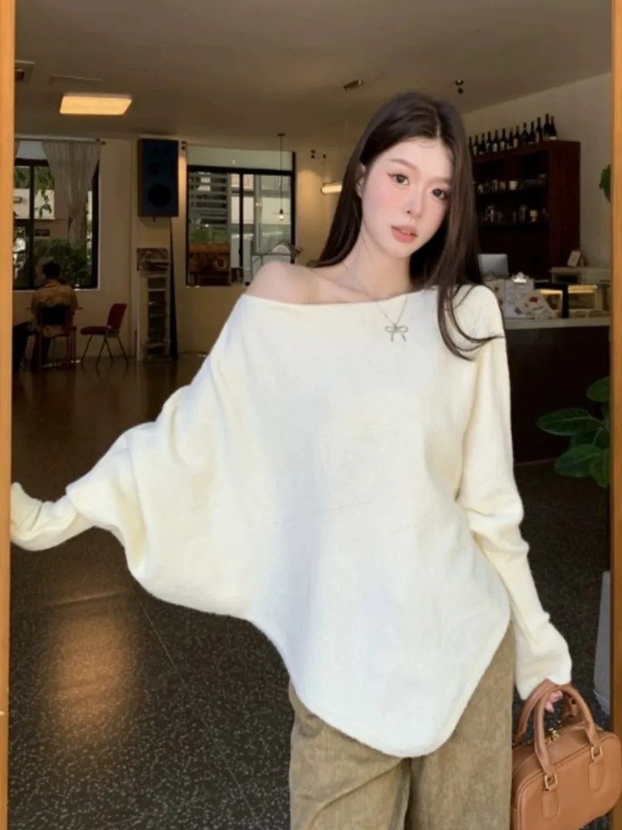 الكورية Sle Batwing Sve محبوك سترة الخريف الشتاء فضفاضة تناسب غير المتكافئة الغلاف الجوي الشعور بلوزة عصرية غير رسمية #2