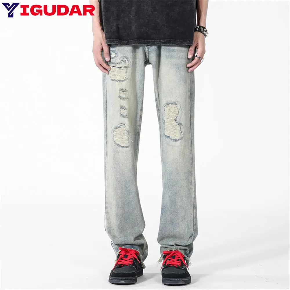 

Jeans Men Hole Denim Chic Fashion Loose Straight Summer Thin Ins Fashion High Street Teens All-match Leisure Daily Solid