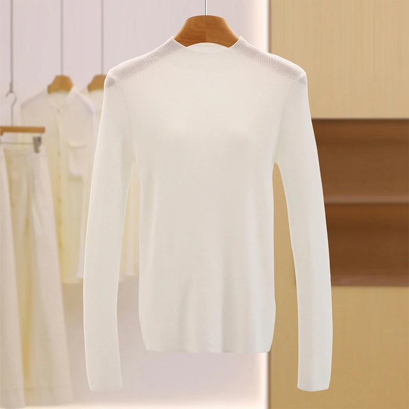 

Yao Women's Slim Fit Knitwear Pure Color f High Collar Base Layer Slightly Transparent Versatile Long Sve round Ne Sw...
