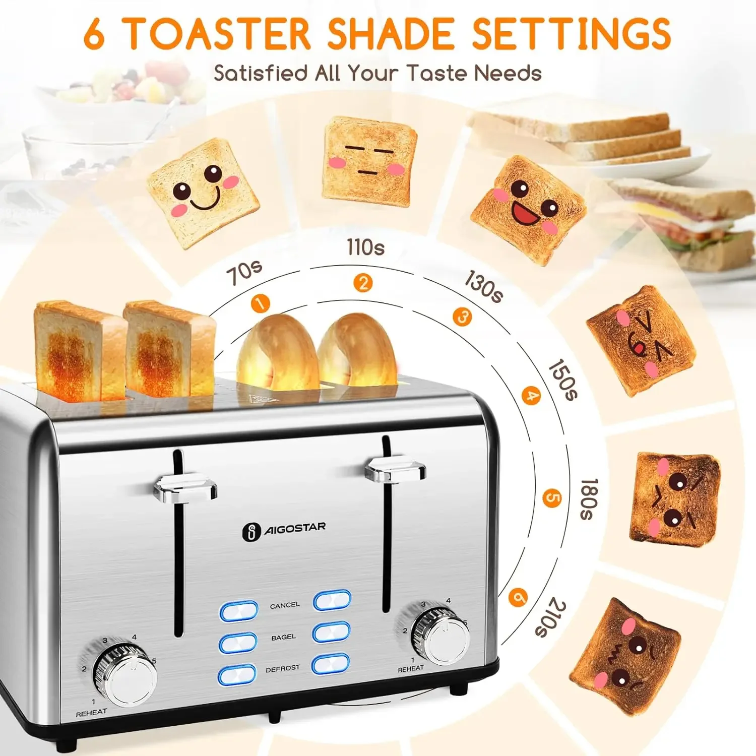 To84en acier inoxydable avec bagel, grille-pain 4 tranches, fente large de 1.6 po, fonction de dégivrage, réchauffage, annulation, 6 réglages d'ombre