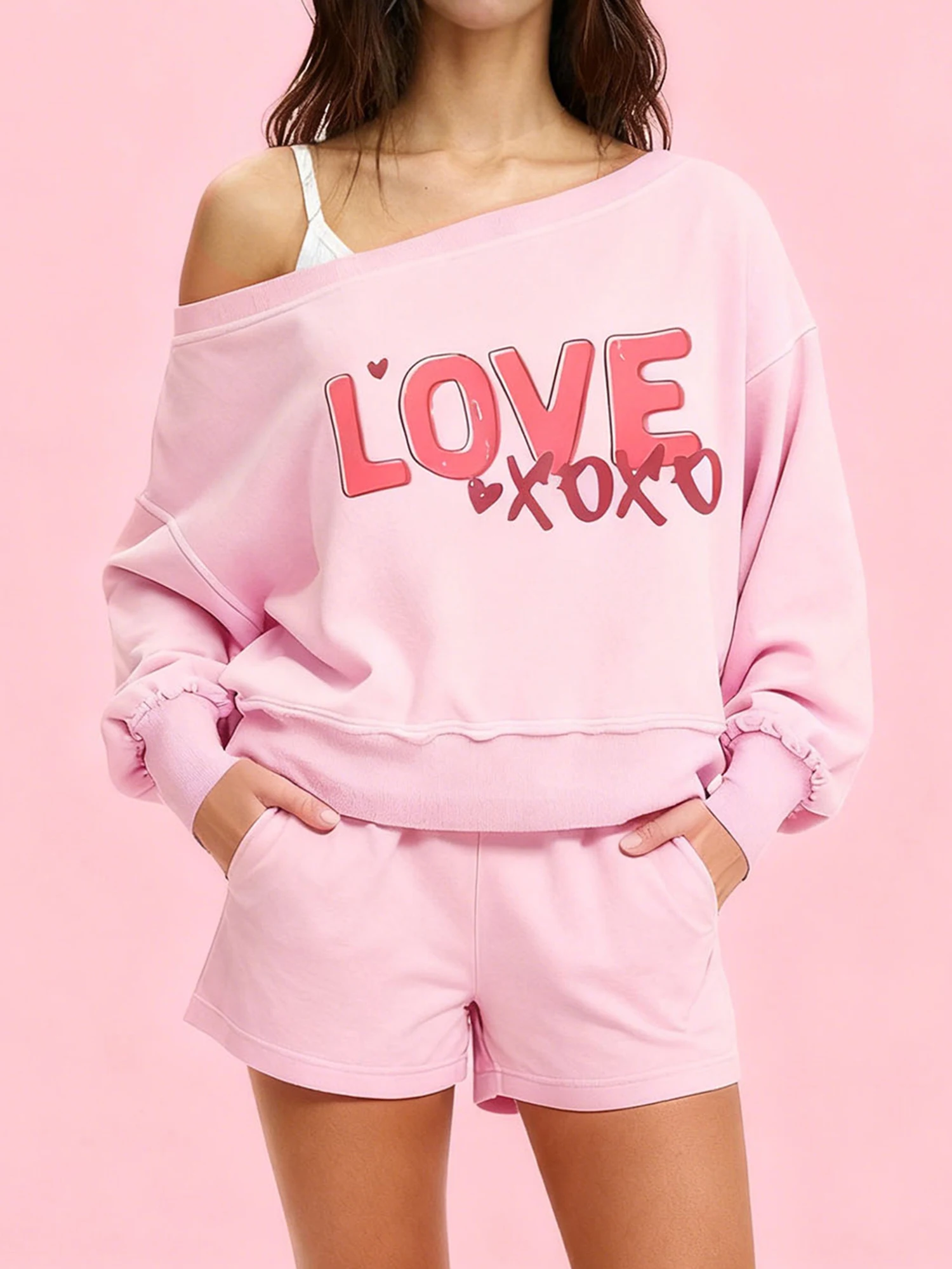 Sweat-shirt à épaules dénudées pour femmes, pull à manches longues avec lettres imprimées, avec col Slash, pour la saint-valentin