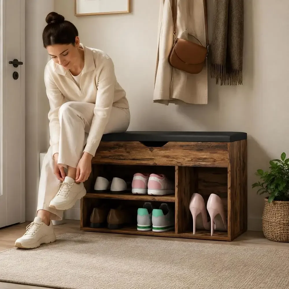 Meuble à chaussures 2 niveaux avec rangement, niche et coffre intégré avec coussin effet bois d'acajou, grand format, convient aux entrées, couloirs, porches, appartements et halls d'entrée de villas