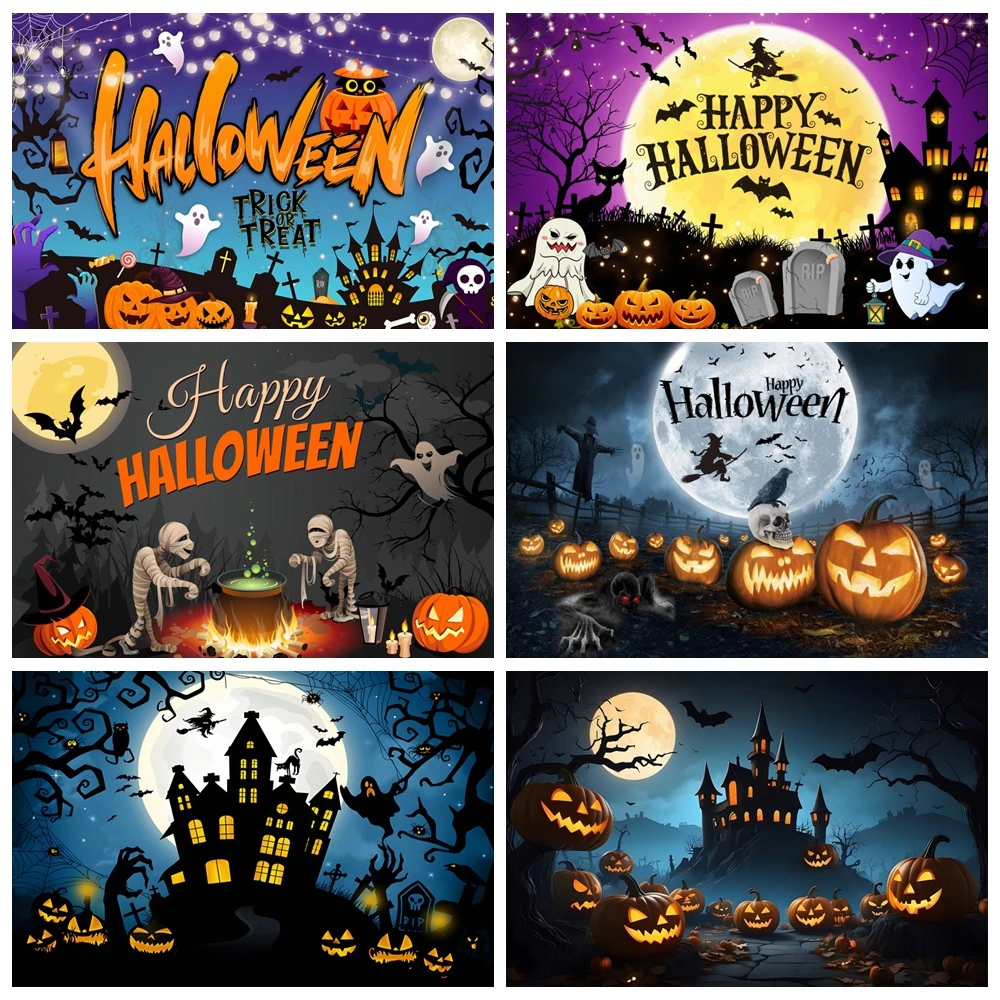 

Happy Halloween Backdrop Horror Moon Pumpkin Witch Castle Forest Graveyard Baby Portrait Halloween Photography Background Decor