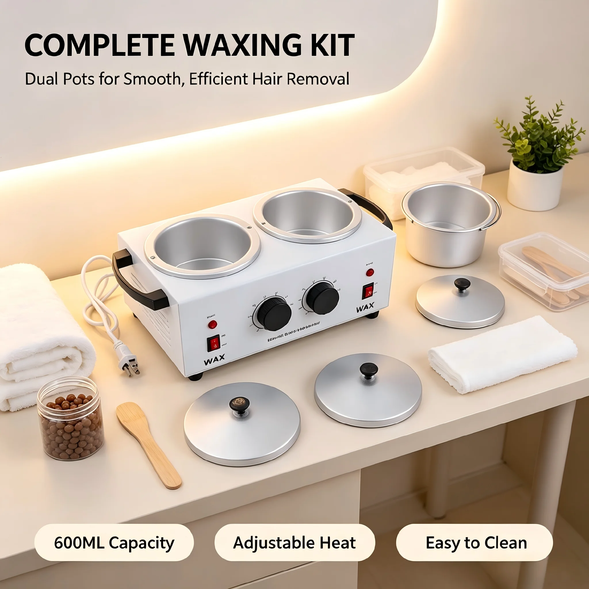 Professional Waxing Kit With Dual Pot Wax Heaters, Specially Designed For Hair Removal. Suitable For Beauty Salons And Home Use, Featuring Adjustable Temperature Settings.