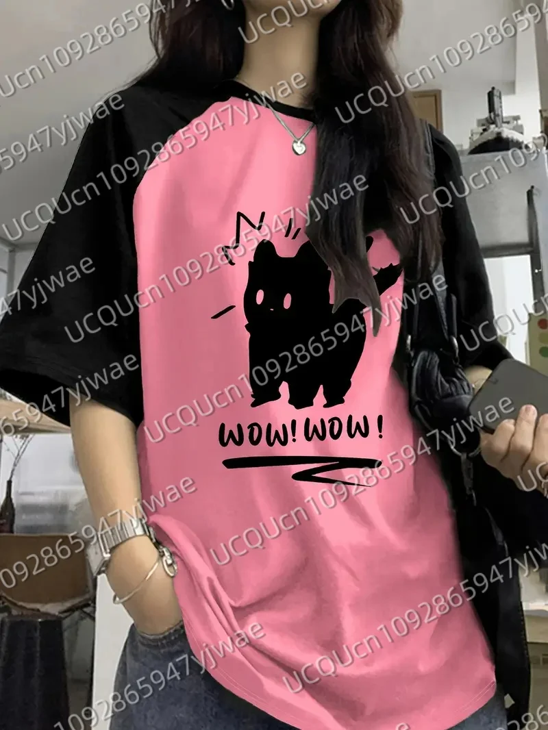 Y2K Women'S Casual T-Shirt with Cute Cat & "WOW!" Graphic Crew Neck Short Sleeve  All-Season Men's Sport T-shirt