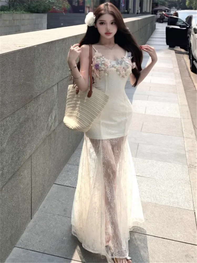 Flower Lace Mesh Patchwork Holiday Long Party Dress New Summer Women Fashion V Neck Sleeveless Seaside Beach Camis Slip Dress