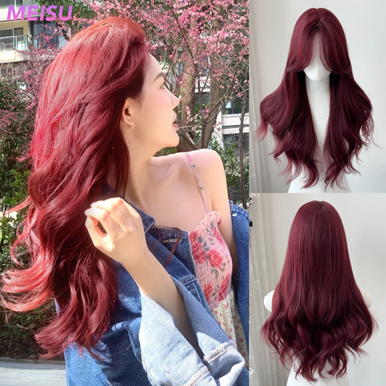 

MEISU 26 Inch Curly Synthetic Wig Layered Dark Red Heat-Resistant Natural Smooth Hair Stylish Party Halloween Bangs Wigs