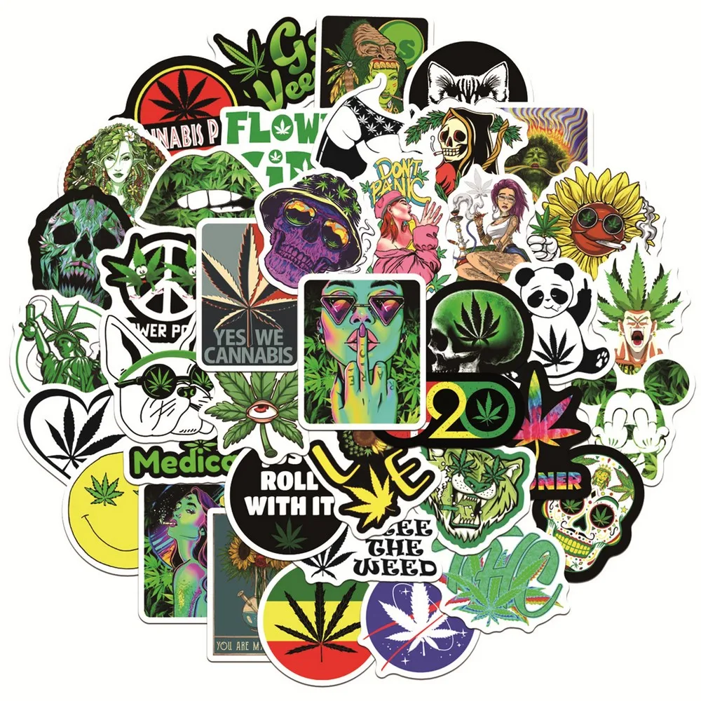 10/20/50 Cool Hemp Leaf Weed Stickers Laptop Phone Case Car Bike Scooter Skateboard Waterproof Vinyl Sticker for Adults Toy