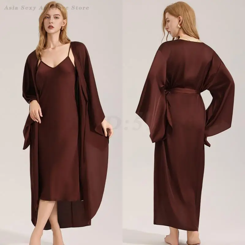 

Sexy Female Long Twinset Robe Set Fashion Satin Chiffon Kimono Bathrobe Nightgown Women's Loose Casual Home Dress Lounge Wear