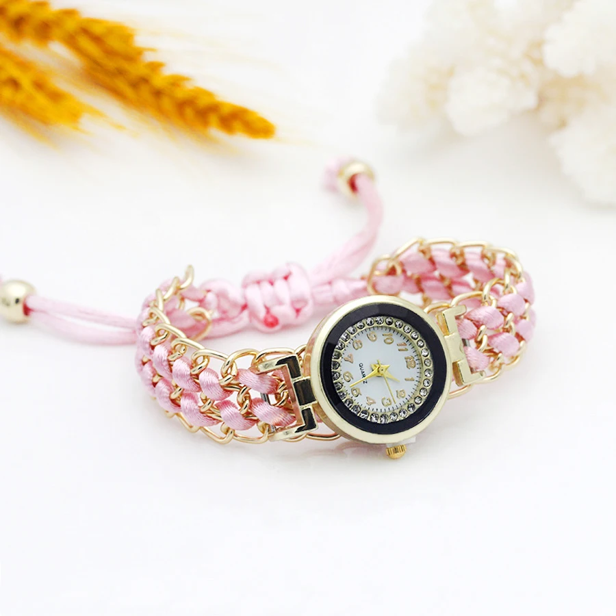 Reloj de vestir de oro para mujer, pulsera tejida a mano con flores, diamantes de imitación brillantes de Color, reloj de tela para niña dulce, nuevo