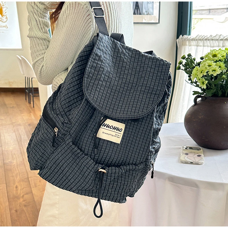 Modischer Rucksack, koreanischer Karo-Rucksack mit Kordelzug für Studenten, Unisex-Schultasche, leichter Damenrucksack mit großer Kapazität – Detail 16