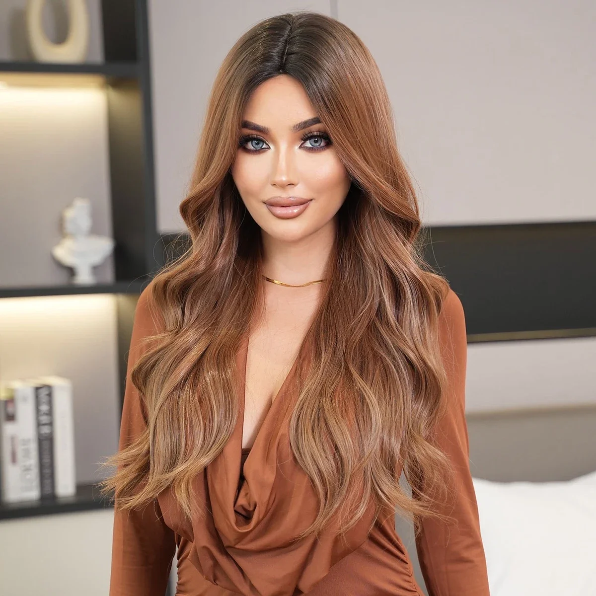 PARK YUN Long Loose Wavy Light Brown Wigs With Dark Roots High Quality Synthetic Layered Middle Part Light Brown Wig For Women