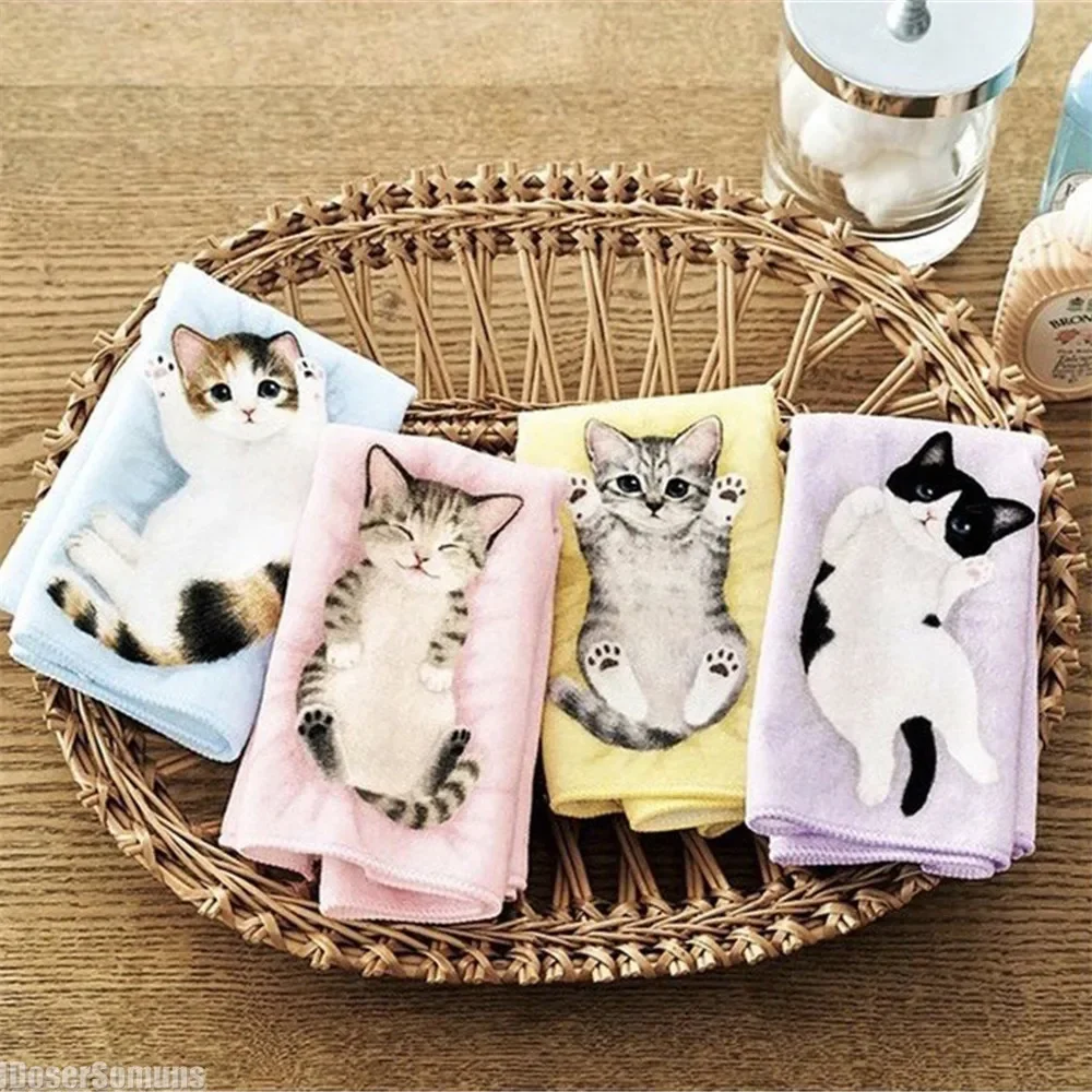 Japanese Small Milk Cat Handkerchief Small Hand Towel Cat Pattern Portable Sweat Catty Pocket Handkerchief Square Towel