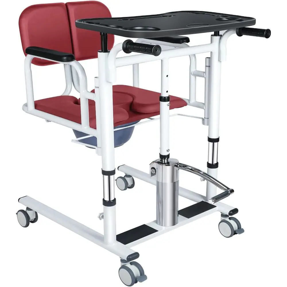 

5-in-1 Adjustable Height Transfer Chair with 180° Split Seat for Home Care, Red