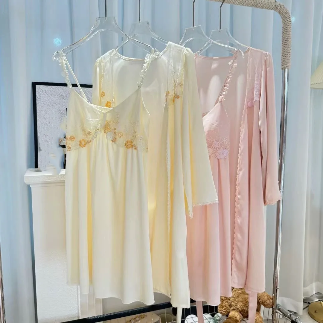 

Female Nighty&Robe Set Sexy Embroidery Lace Mujer Nightgown Home Dress Summer Sleepwear Silky Thin Rayon Loungewear