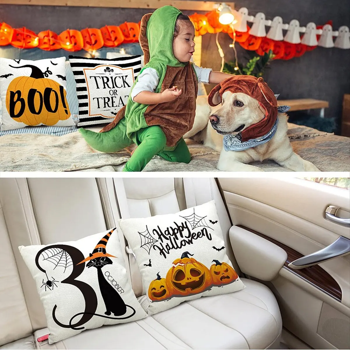 A08I Pillow Covers 18x18 Inch Set of 4 Trick or Treat Pillow Covers Halloween Linen Sofa Bed Throw Cushion Cover Decoration