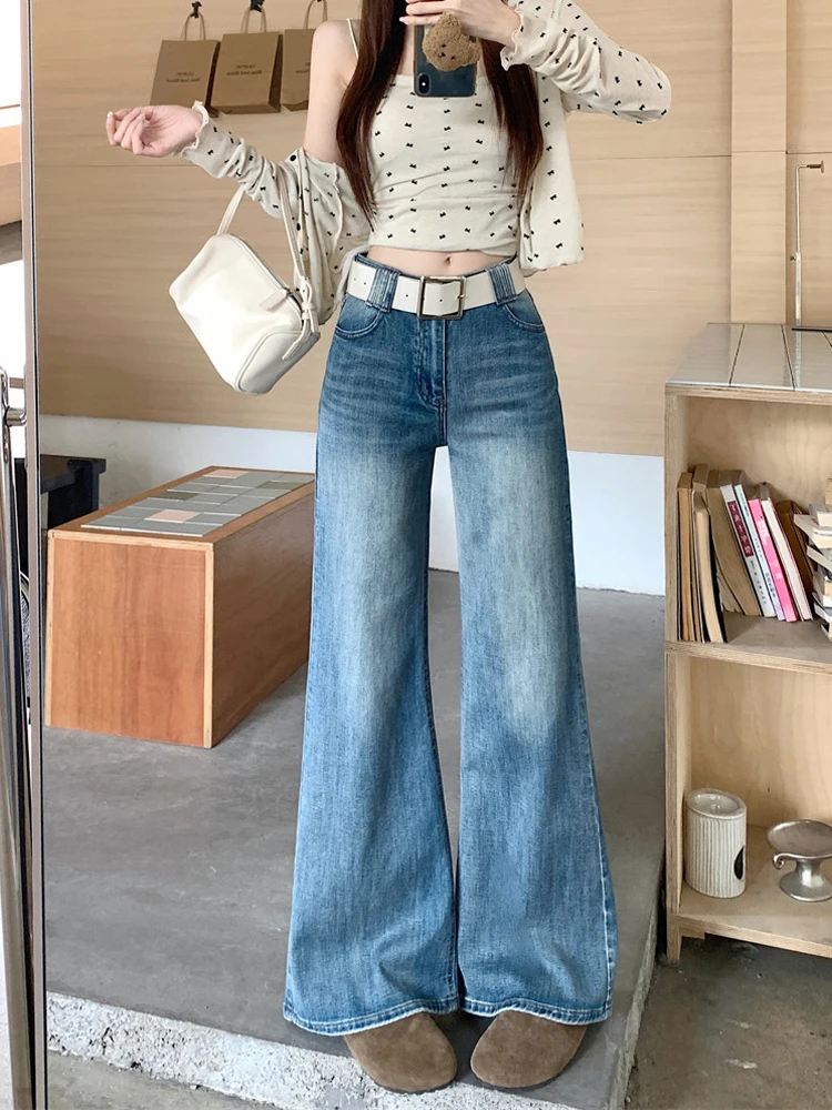 

Американские ретро-джинсы-клеш с высокой талией, свободные длинные брюки, женский дизайн, новинка весны, повседневные, из синего денима
