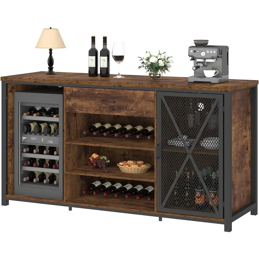 Bar Cabinet with Fridge Space, Rustic Long Liquor Cabinets with Drawer Storage, Farmhouse Wood Metal Wine Cabinet