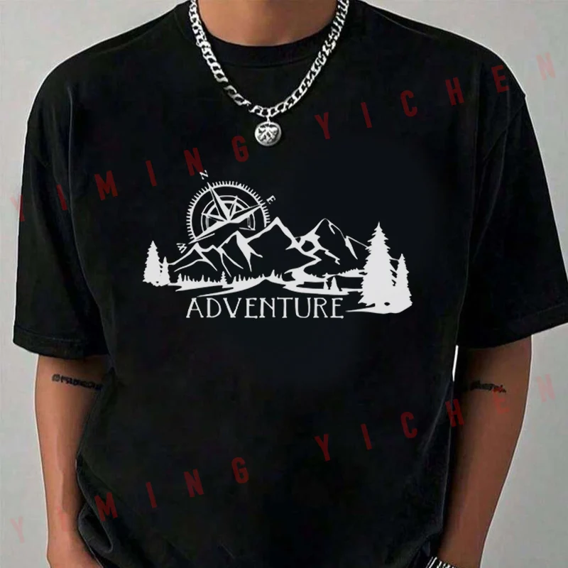

Compass & Forest Print Motorcycle T-Shirt Men Hip Hop Streetwear Unisex Casual Fashionable Short Sleeve Tops