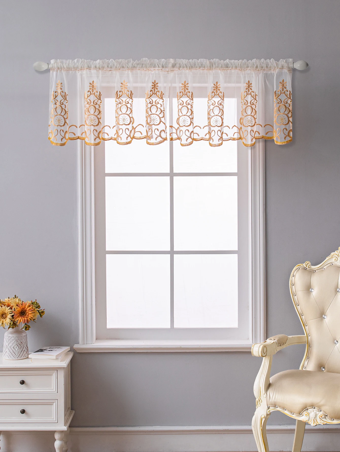 1 PC Embroidery Sheer Valance，Sweet and Cute Style Window and Cabient Short Curtain Decor，Rod Pocket  Half Sheer Kitchen Curtain