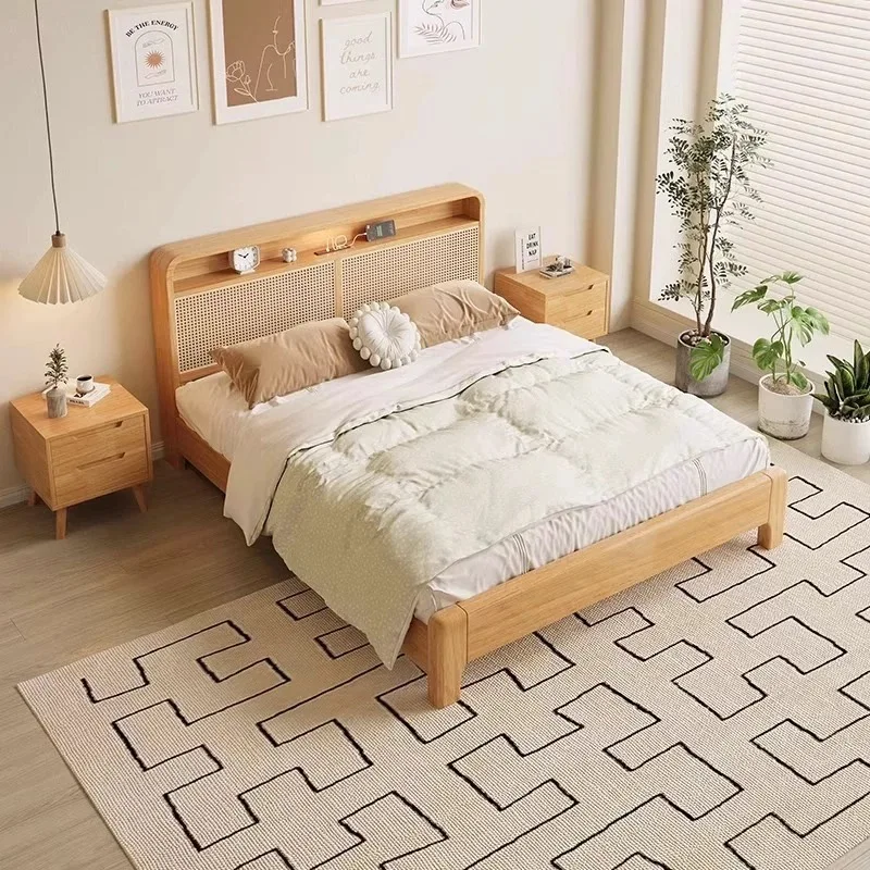 *Natural Solid Wood Rattan Bed Frame with USB and Storage Drawers, Low Platform Queen King Size Bed for Bedroom Furniture
