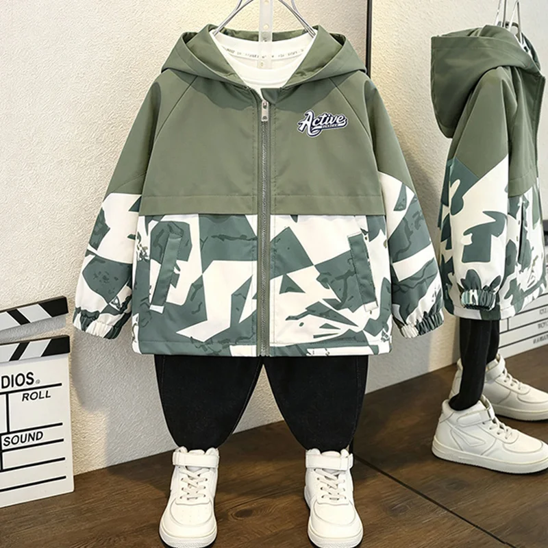 Boys Hooded Windbreaker Jacket Spring Autumn Fashion Geometric Print Splicing Coat Kids Looes Sports Outerwear 4-12 Years