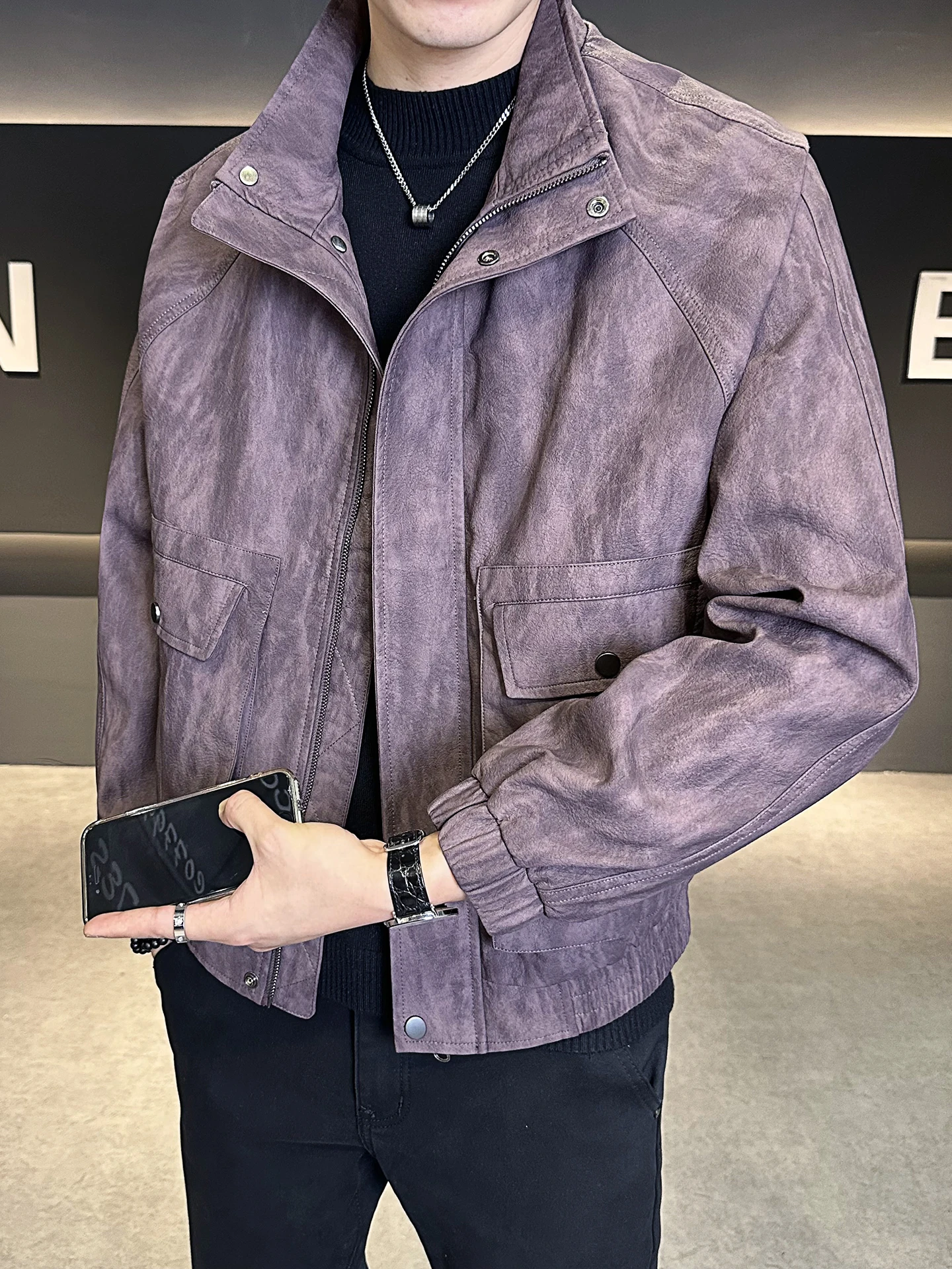 

Retro Vintage Biker Leather Jaet Men's Autumn Stand Collar Loose Fit American Sle Faion Brand Crasojto ort Zipper Coat