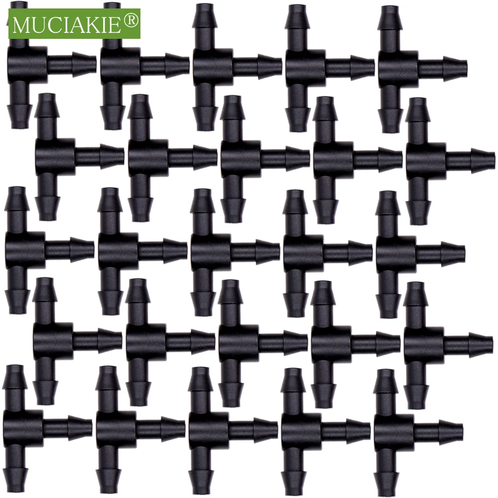 MUCIAKIE-Conector de tubulação de rega de jardim, T Joint, Micro Drip Irrigation Tool, acoplamentos 3 Way, 4mm, 7mm, Barb Tee Piece, 50pcs