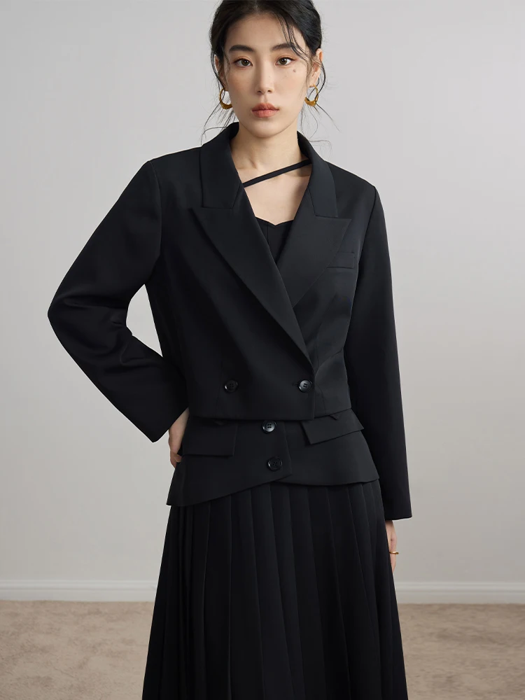 DUSHU Black Women Commuter Short Suit Pleated Skirt For Female Temperament Double Breasted Blazers Waist Decoration Solid Skirts