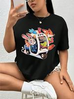 Crazy Zootopia Nick and Judy Hopps Car Print, Soft Elastic Short Sleeved Round Neck, Casual