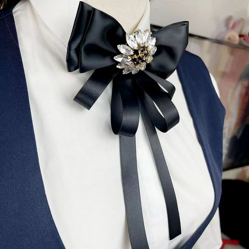 New Exaggerated Big Bow Tie Crystal Satin Collars Flower Long Ribbon Pins Fashion Women's Jewelry Gift