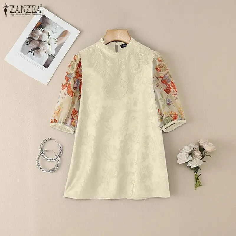 

Women's 2026 Summer Elegant Lace Patchwork Blouses Stand Collar Floral Chiffon Puff Sleeves Classy Tops ZANZEA Woman Clothes 3XL