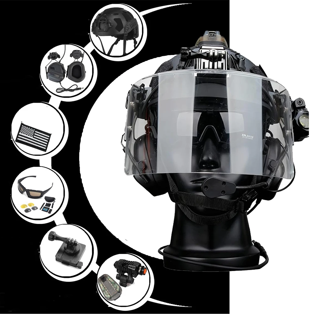 

Tactical Airsoft Bump Helmet Set Includes Headset Flashlight Signal Light Flip-up Goggles for CS Cosplay Shooting Training