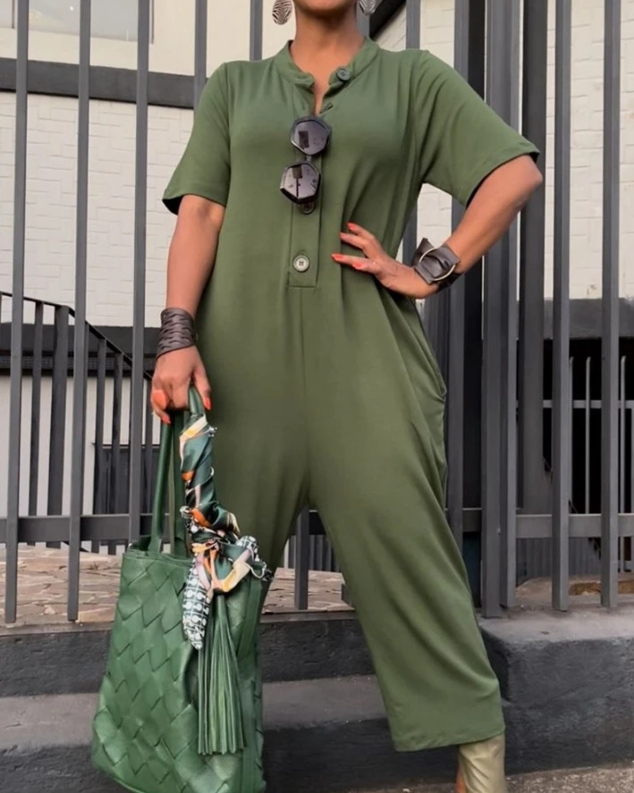Harajuku Overalls für Frauen Retro einfarbige Baumwolle Leinen Kurzarm geknöpft Tasche Design Damen weites Bein Workwear Overall