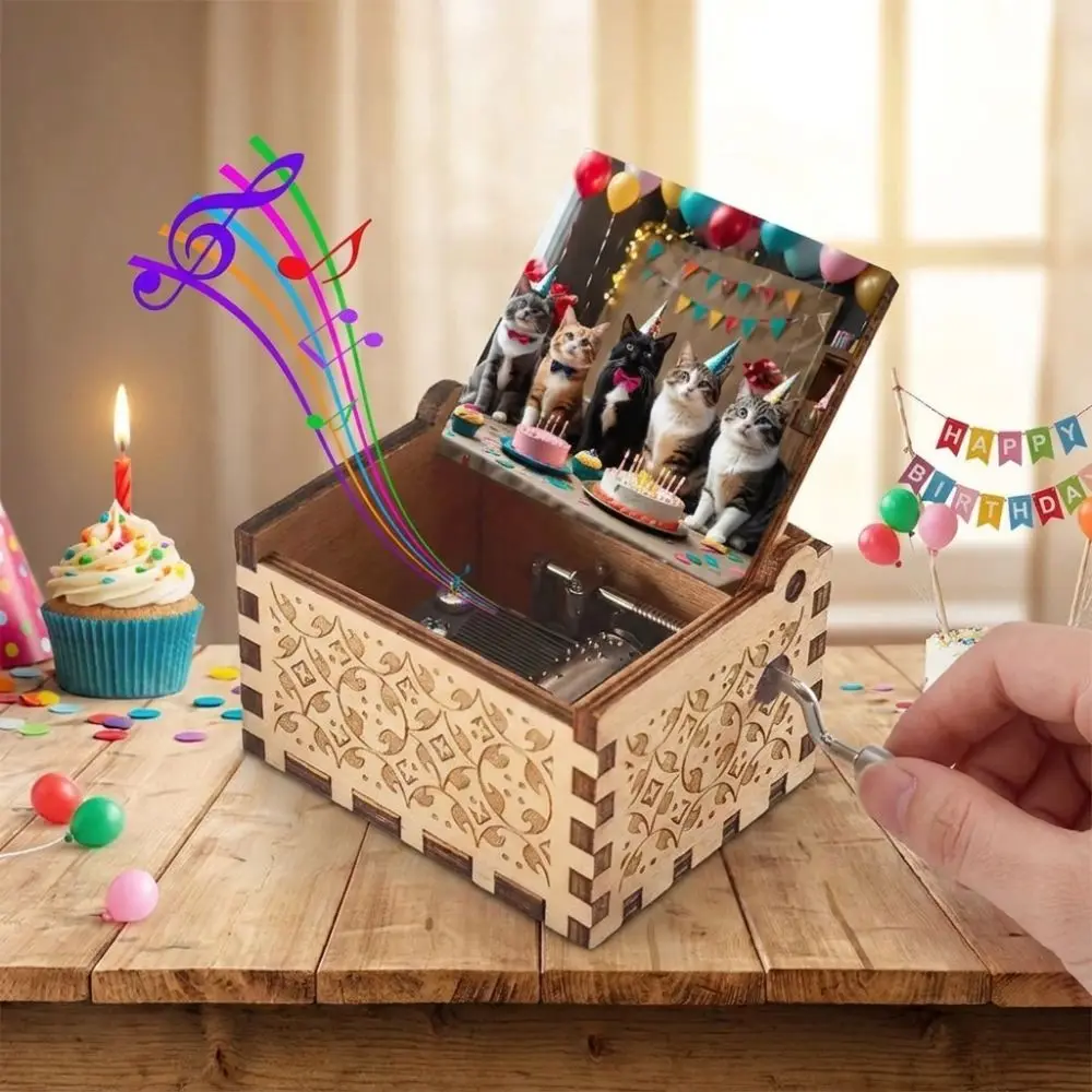 Retro Wooden Birthday Music Box Laser Engraving UV Painting Carved Musical Box Mechanical Spring Cartoon Cat Pattern