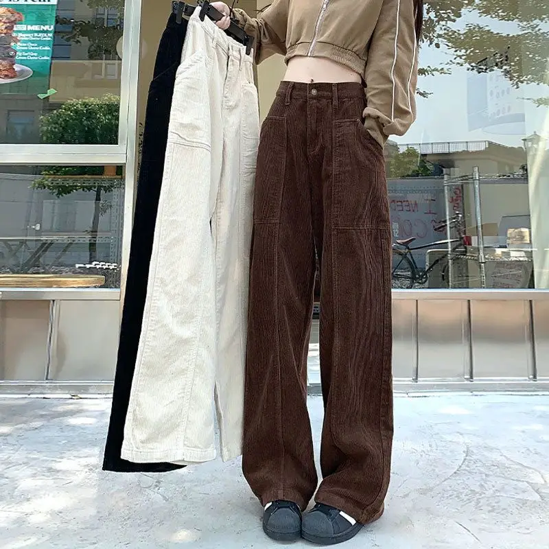 Trousers High Quality Brown Corduroy High Waist Retro Women'S Autumn And Winter Straight Wide Leg Pants