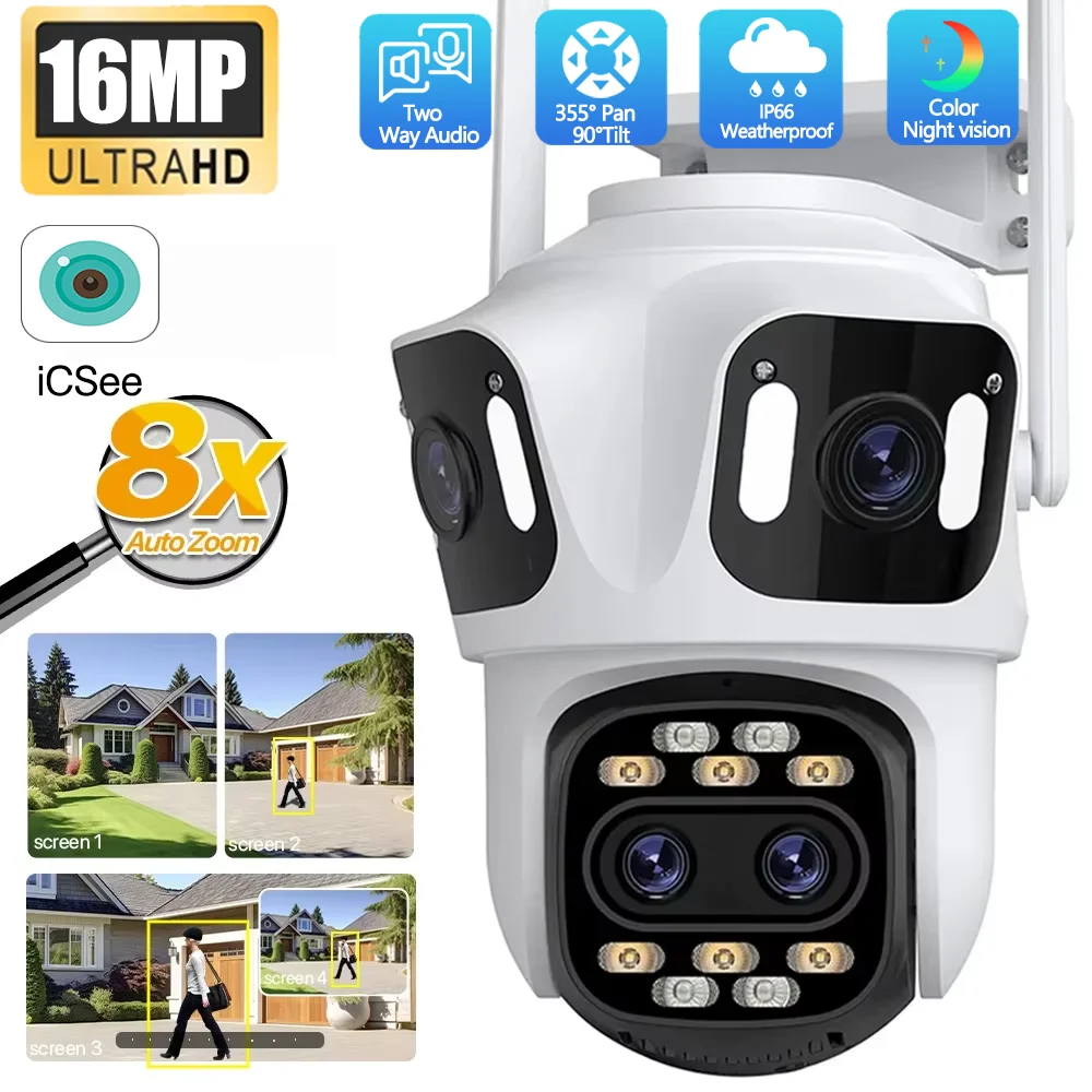 16MP Four Lens Three Screen Outdoor WiFi PTZ IP Camera Two Way Voice Auto Tracking Wireless Security Camera CCTV Surveillance