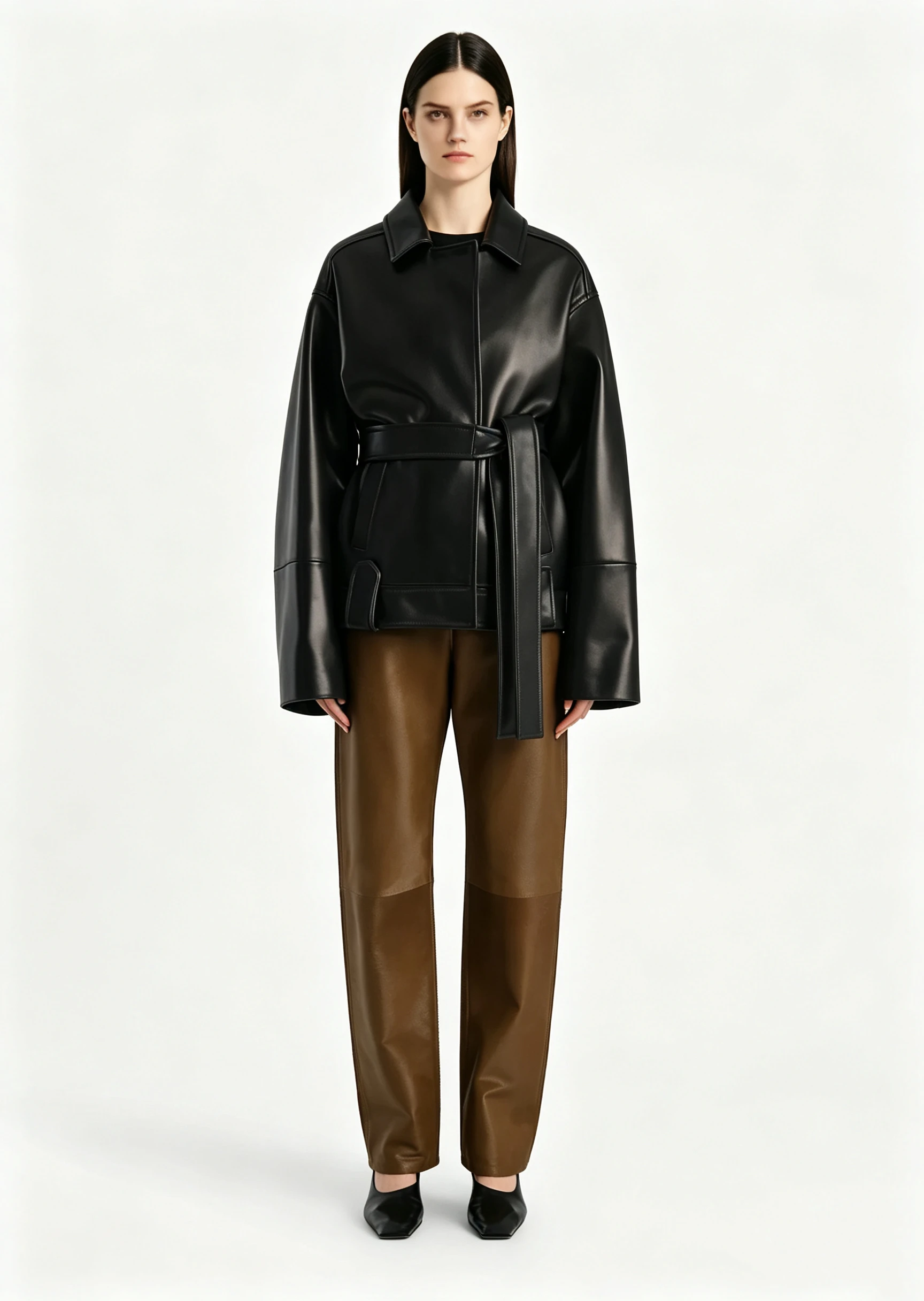 Luxury Black Leather Trench Jacket with Wide Lapel and Self-Tie Waist Belt
