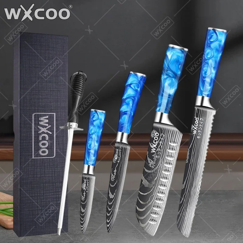WXCOO Laser Damascus Pattern Kitchen Knife Stainless Steel Chef Utility Knife Fruit Peeling Knife Resin Handle with Gift Box