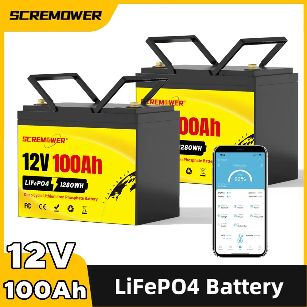 12V 100Ah LiFePO4 Lithium Battery Built-in 100A Bluetooth BMS Deep Cycle Lithium Iron Phosphate Battery for Trolling Motors Boat