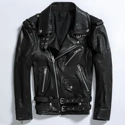 Spring New Black Oblique Zipper Leather Jacket Men's Slim Genuine Sheepskin Jacket SVegetable Tanned Motorcycle Biker Coat