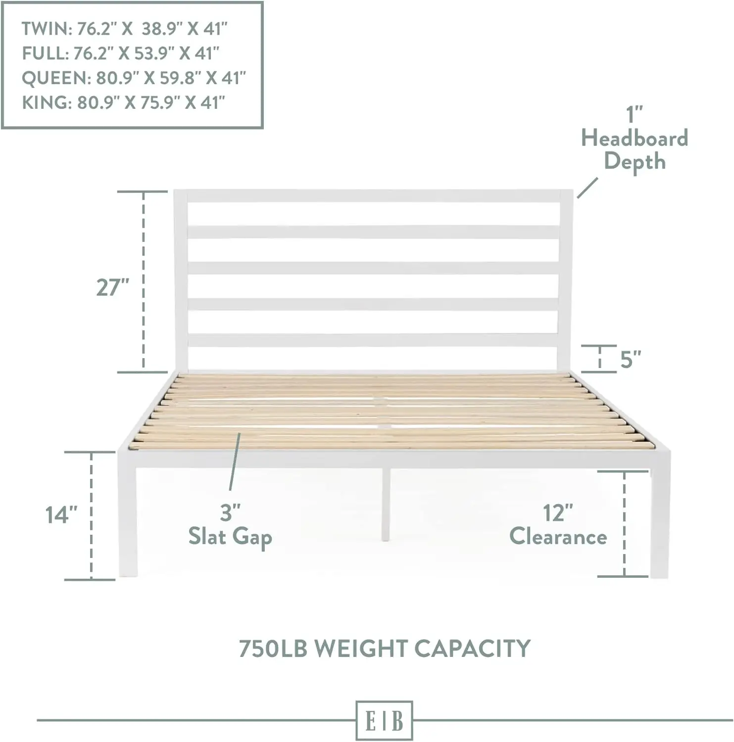 Edenbrook Cassidy Metal Platform Bed Frame with Metal Headboard - Box Spring Not Required - Wood Slat Support, White, Queen