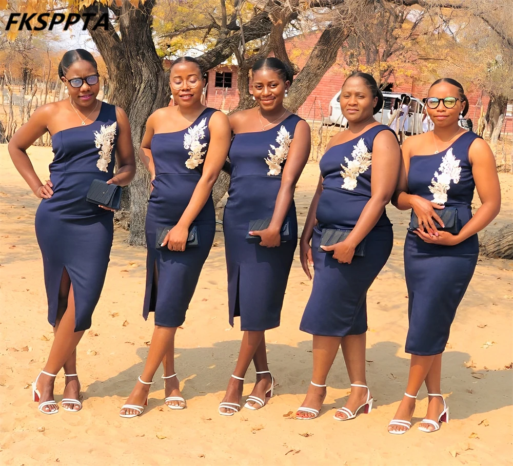 Customized Short Navy Bridesmaid Dresses For Black Women 2025 Wholesale Sheath One Shoulder Cheap Wedding Party Gowns