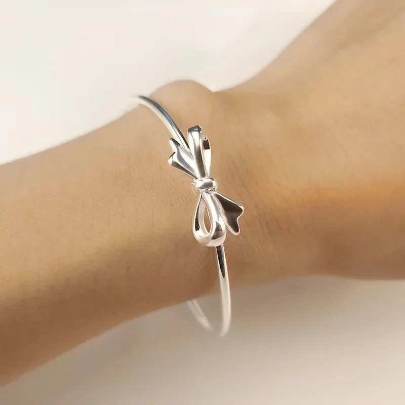 

New Korean Fashion 925 Sterling Silver Cute Romantic Bow Bangles for Women Bracelets Party Wedding Designer Jewelry Couple Gifts